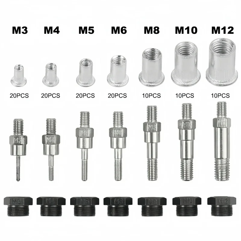 110 Pcs/M3/M4/M5/M6/M8/M10/M12 Manual Riveter Lever And Riveter Nut Set With Case And 7 Threaded Chads