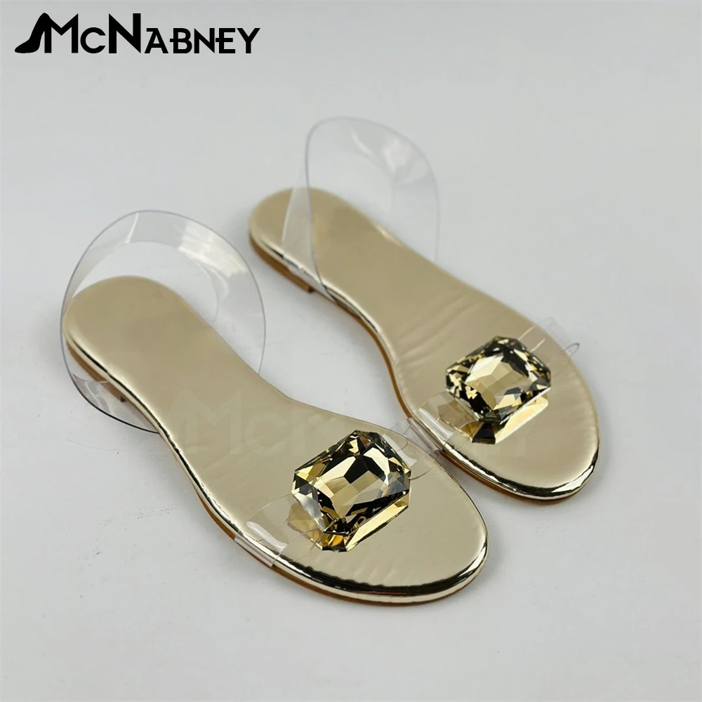 Gold Patent Leather Gemstone Flat Sandals Round Toe Slingback Comfort Summer Sandals Luxury Designer Style Crystal Women Sandals