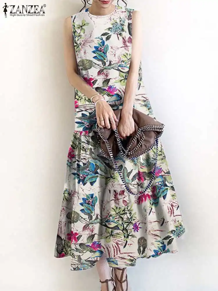 ZANZEA Summer Fashion Floral Printed Dress Women Bohemain Holiday Sundress Casual Sleeveless Maxi Vestidos Female Ruffles Robe