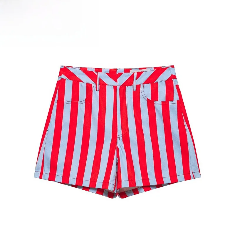 Fashionable Striped Short Pants for Women Casual High Waist Straight Leg Polyester Fiber Versatile Personality Chic Summer Ou...