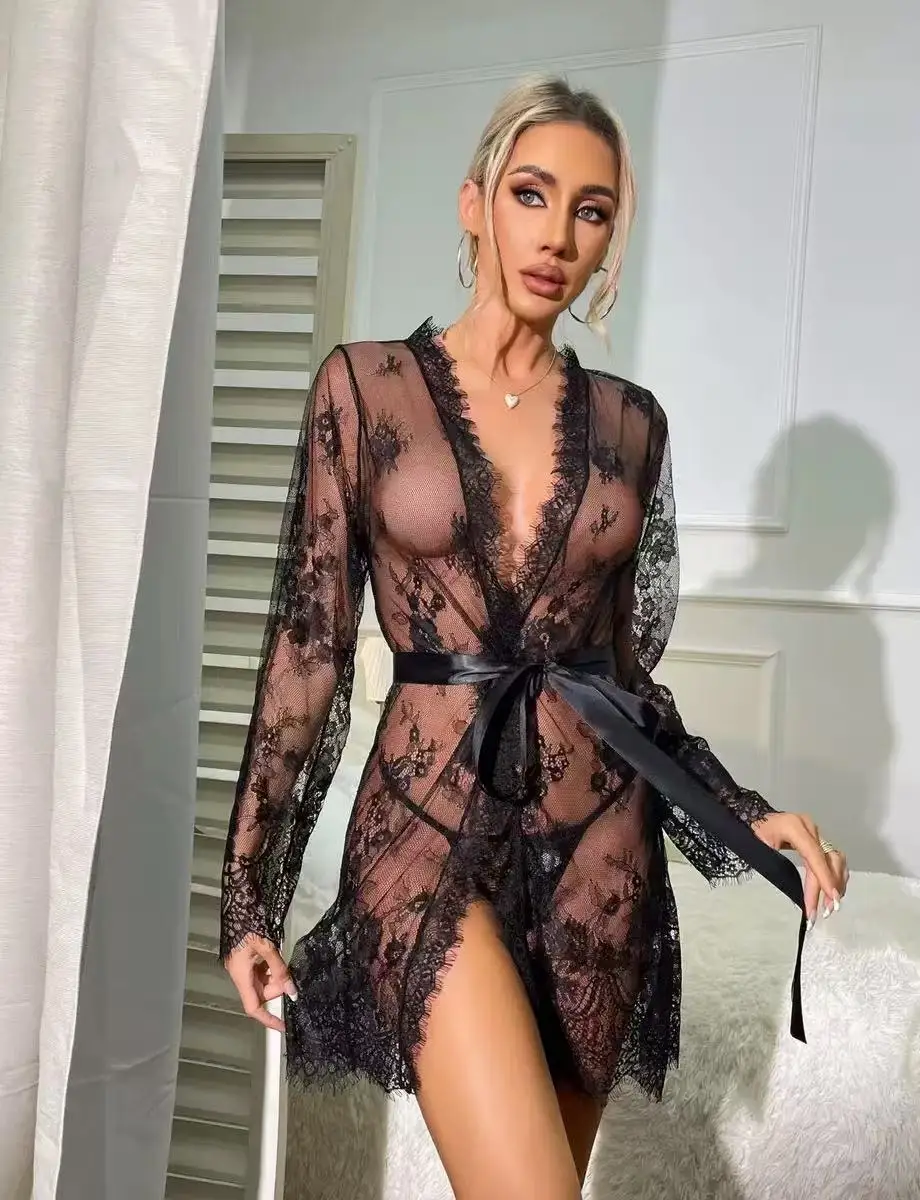 セクシーなシースルーメッシュレースセクシーなナイトガウンヨーロッパとアメリカンスタイルのいちゃつく誘惑の弓