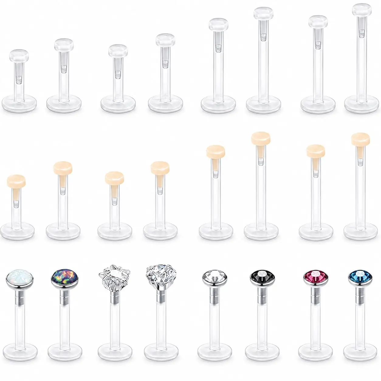 24PCS Clear Lip Piercing Jewelry Set – Bioflex Labret Stud & Plastic Lip Ring Retainer for Medusa, Monroe, Tragus & Nose