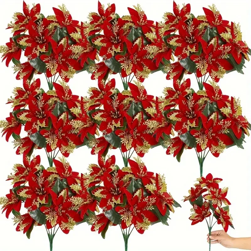 7 Forks Red Christmas Flowers Bridal Bouquet Wedding Christmas Decoration Glitter Artificial Christmas Flowers Home Decoration