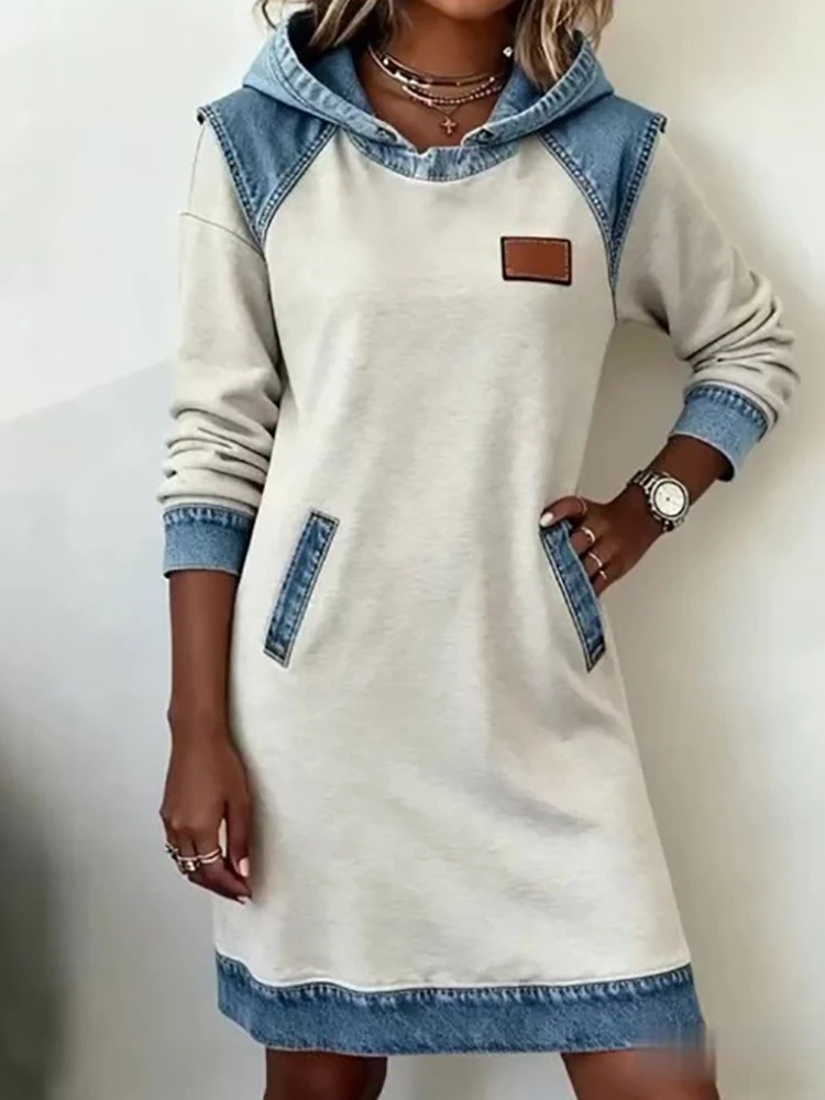 Elegante patchwork vakantiejurk met lange mouwen, dames herfst winter v-hals chique feestjurk, 2025, losse eenvoudige casual damesjurk