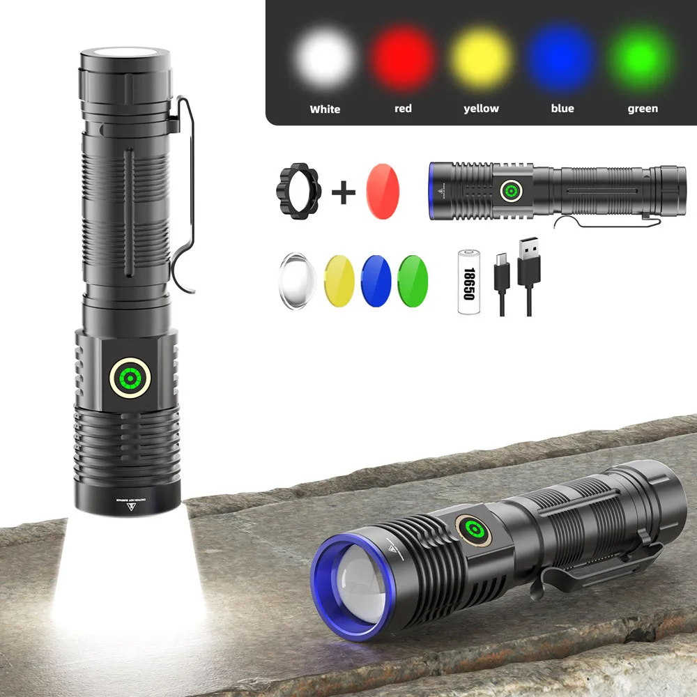 High Power LED Long Range Flashlight Five Color Light Source Zoomable USB Bidirectional Charging Outdoor Camping Lantern