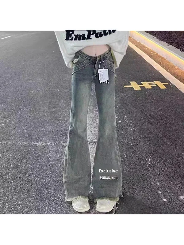 

plus Size American Retro High Waist Bell Bottom Jeans Women's Frayed Slimming Wide Leg Hoof Pants Floor Length