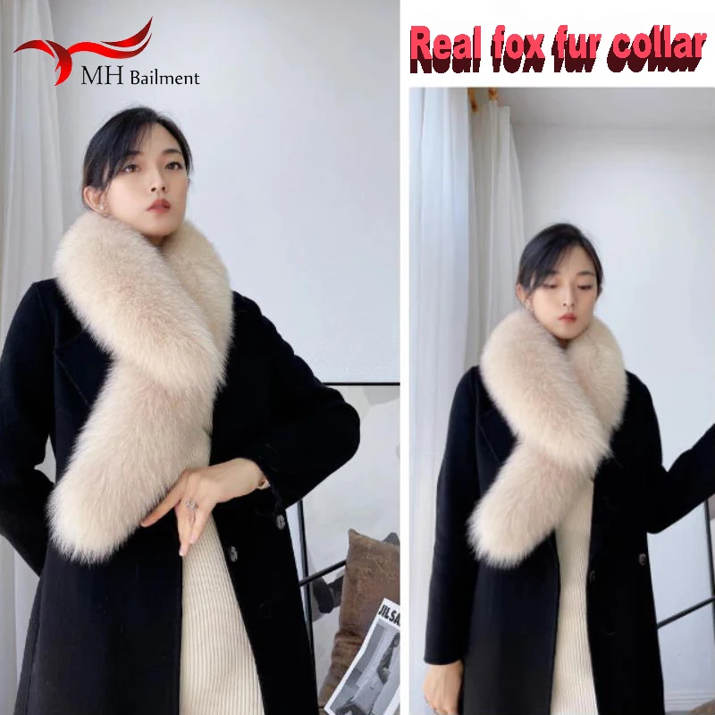 Quality Natural Fox Fur Collar Winter Hood Trims Decor Shawl Women Warm 100% Furry Scarf Big Size Shawl Luxury Female Scarves