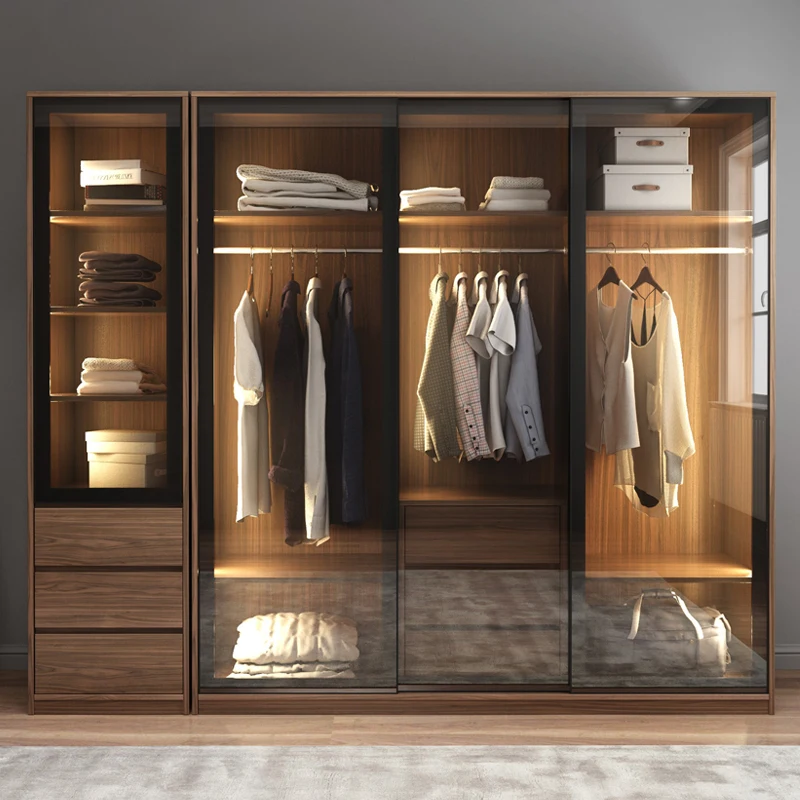 Simple Modern Organizer Wardrobe Drawers Hanging Rail Storage Cabinet Glass Sliding Door Bedroom Roupeiros Household Items