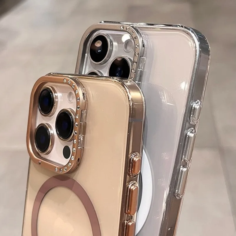 Чехол для телефона Magsafe с магнитным защитным кронштейном для iPhone 14, 15, 16 Pro Max Magsafe, прозрачный акриловый жесткий чехол с бриллиантами