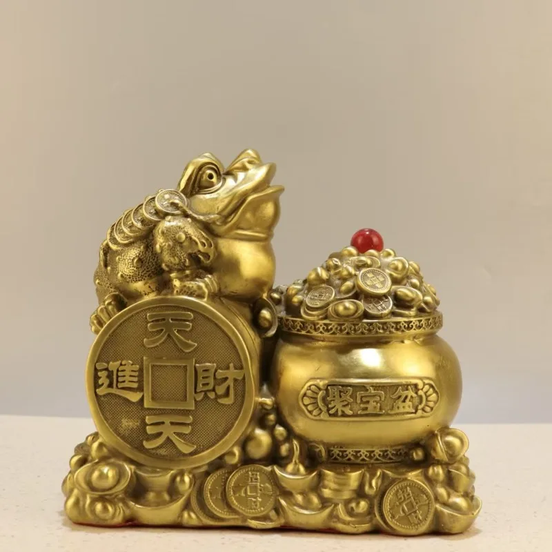 Vintage Copper Three Legged Toad Sculpture Fortune Jar Coin Pattern Feng Shui Table Mascot for Wealth Good Luck Decor