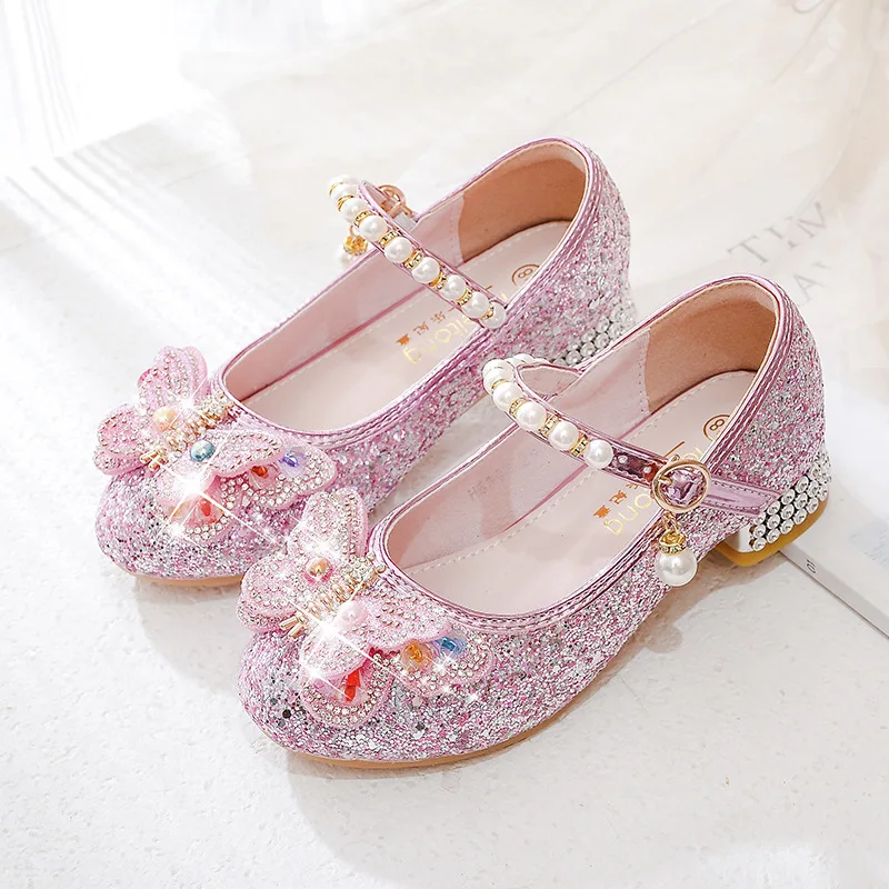Girls' High Heels Princess Shoes Children's Crystal Showway Performance Shoes Kids Butterfly Leather Shoes Girl Party Shoes