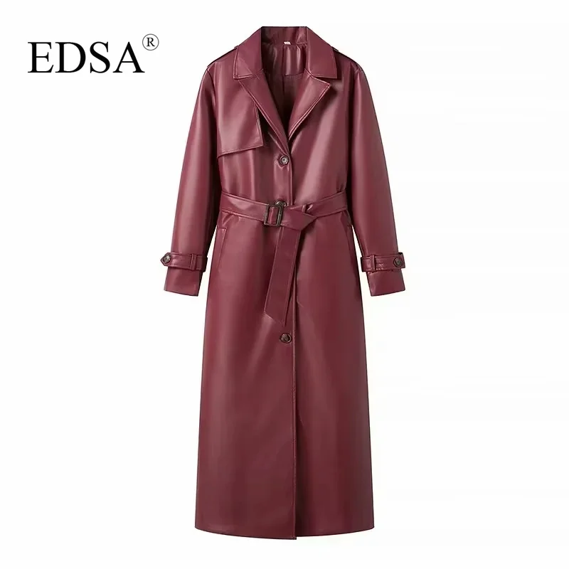 EDSA Women Luxury Faux Leather Jacket Coat with Belt for Autumn Winter Loose Long Windbreaker Trench Vintage Outerwear