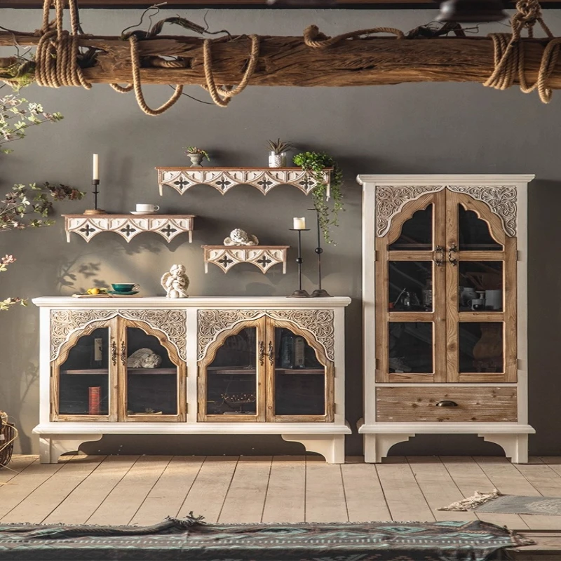 

Retro solid wood wine cabinet home carved porch cabinet glass locker