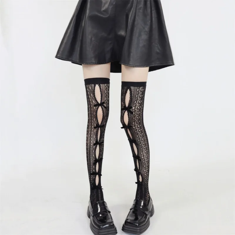 Gorgeous Lolita Hollow Bow Knee High Long Socks Retro Slimming Sweet Cool Hottie JK Favorite Hole Fishnet Gothic Lace Stockings