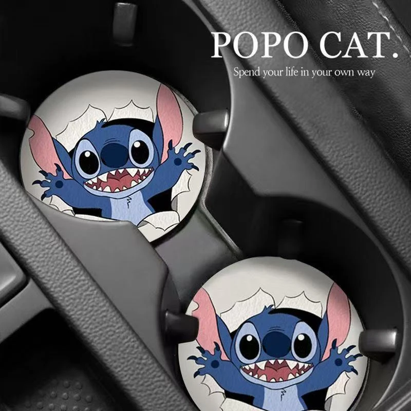 2PCS Disney Stitch Car Cup Mat Cute Cartoon Vehicle Interior Decor Soft Touch Mat Non-Slip Fashion Auto Accessories Holiday Gift