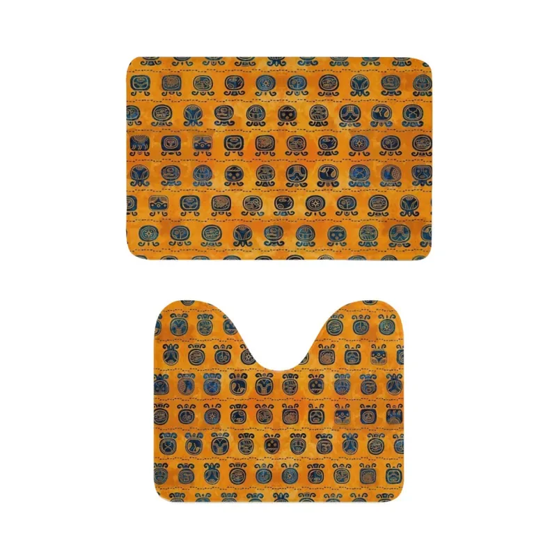 2 Pieces Bathroom Rug Set (Toilet Mat,Carpet) Maya Calendar Glyphs pattern orange and blue Durable Ultra Soft Non-Slip