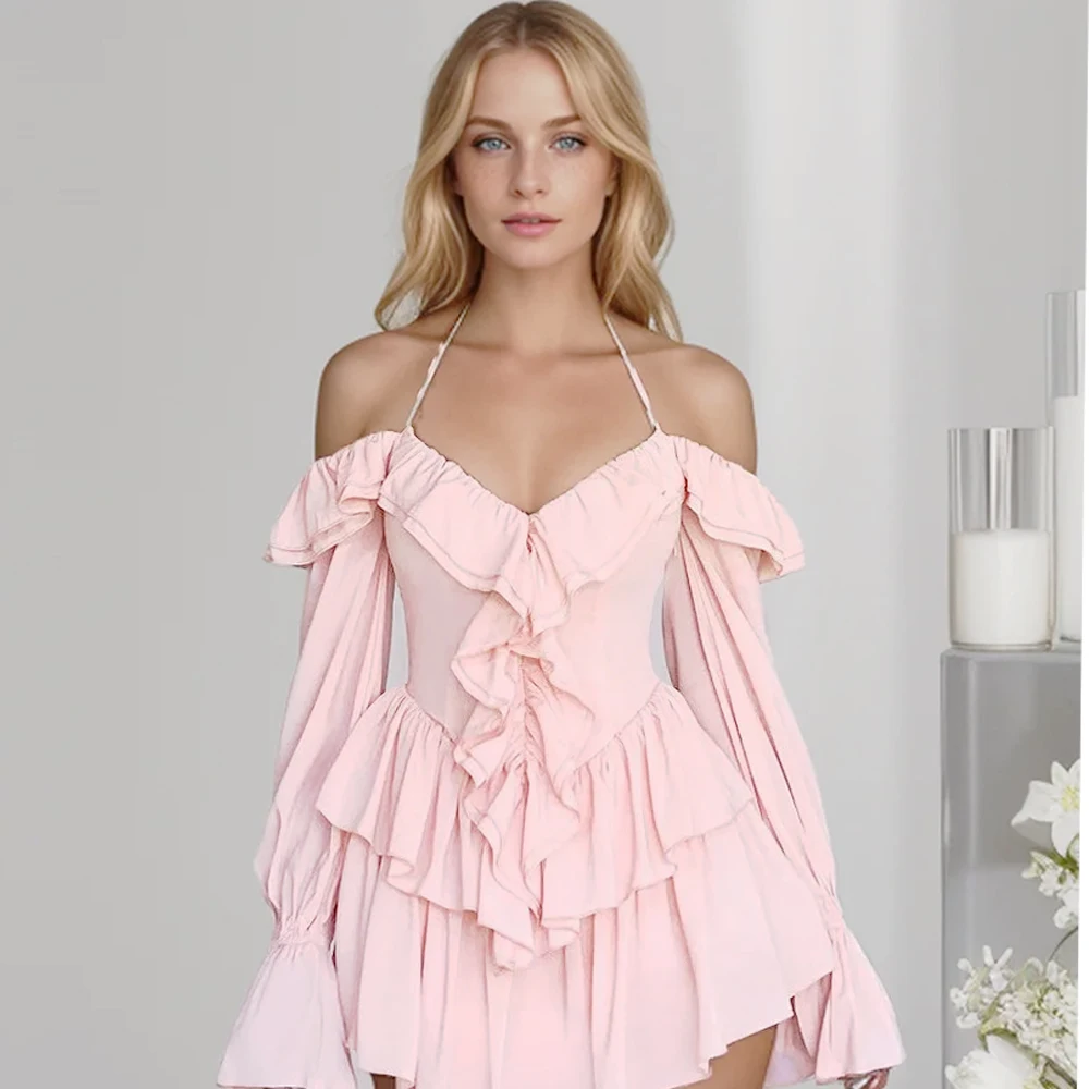 Women Solid Hanging Neck Dress Off Shoulder Long Sleeves Ruffled Edge Camisole Mini Skirt Flare Sleeve Backless Dress for Club