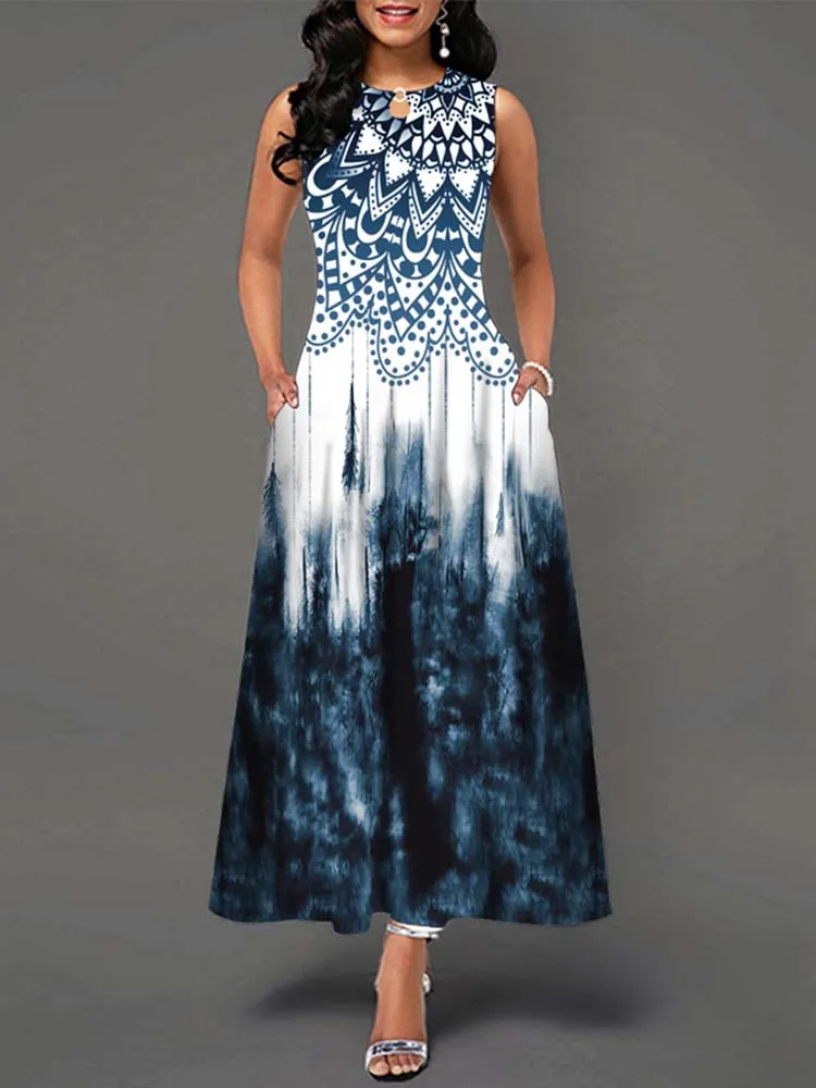 

Summer Boho Long Dresses Women Elegant Sleeveless Casual Floral Print Beach Party Maxi Dress