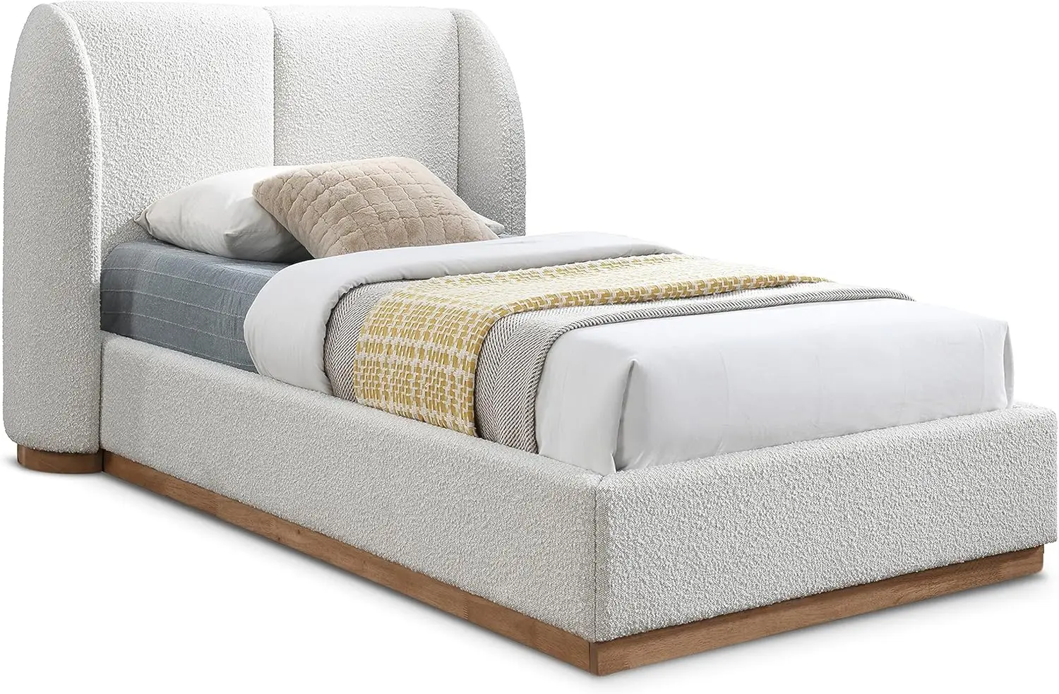 Meridian Furniture Jardincream-T Jardin Collection Art Deco Twin Bed With Rich Cream Boucle Fabric, Solid Wood Base, Rounded