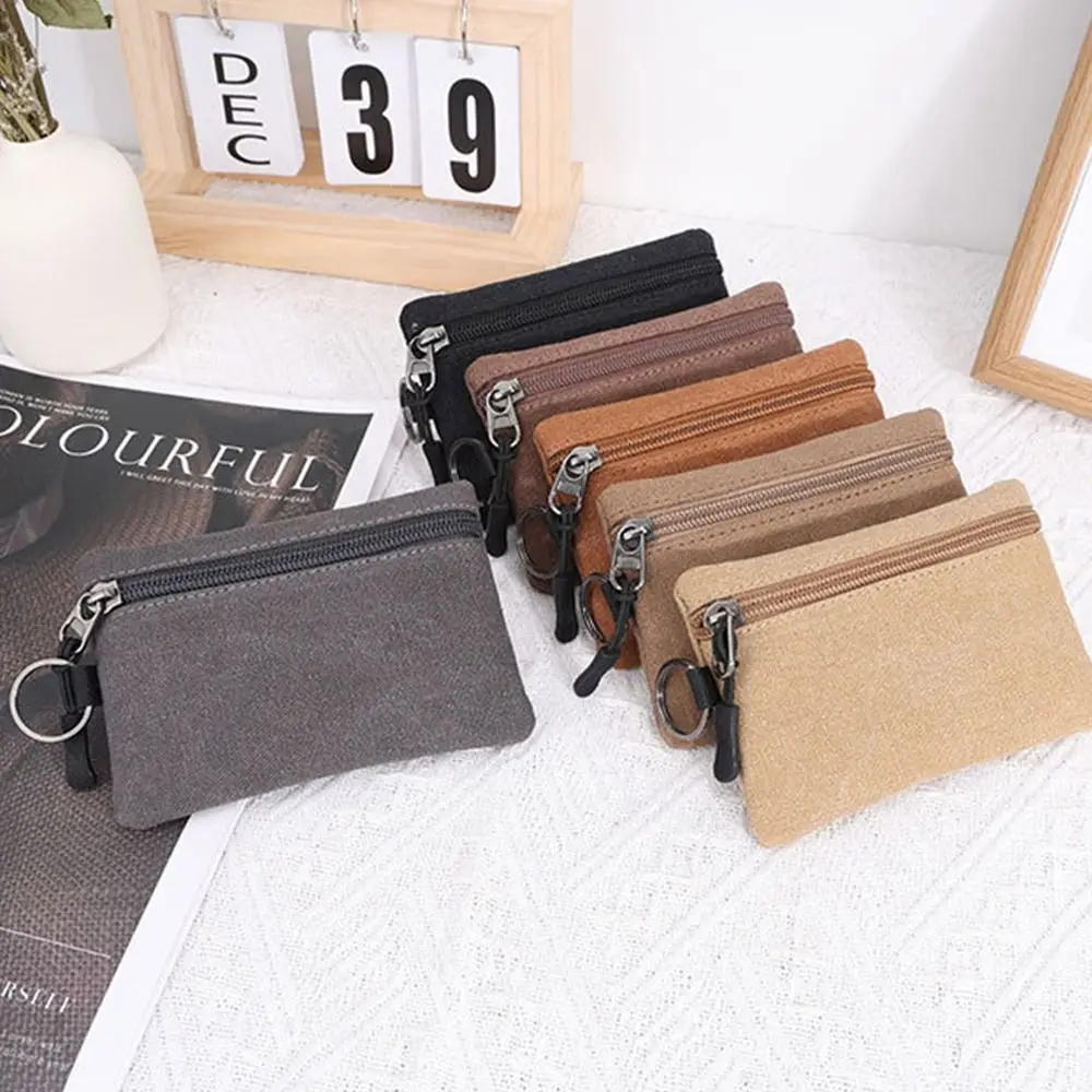 Casual Hand-held Canvas Coin Purse with Key Ring Retro Mini Coin Pouch Durable Solid Color Pouch Bag Key Case