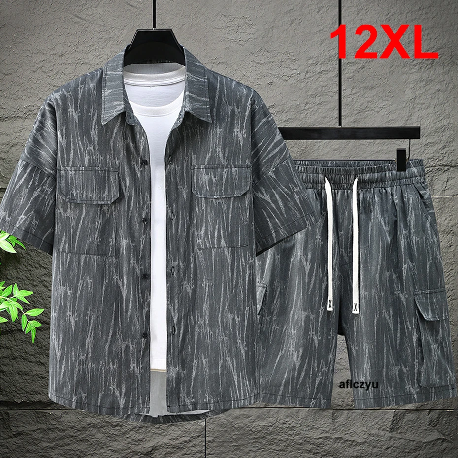 

Мужские летние костюмы, размеры 10XL, 12XL, комплекты Карго, рубашка, шорты, модные повседневные хлопковые костюмы, мужская одежда Aflczyu, большой размер 12XL