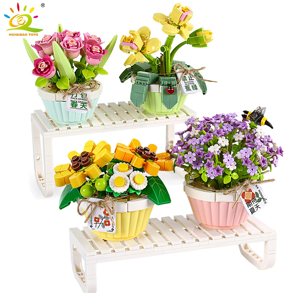 

HUIQIBAO City Creativity Flower Bouquet Potted Plant Mini Building Blocks Tulip Sunflower Model Micro Decor Bricks Children Toys