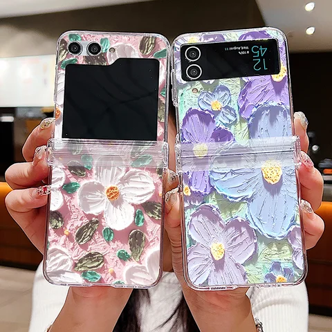 삼성 갤럭시 Z Flip6 Flip5 Flip4 Flip3 5G 접이식 투명 PC 하드 폰 커버에 대한 꽃 꽃 케이스 삼성 Z 플립 5 4 6