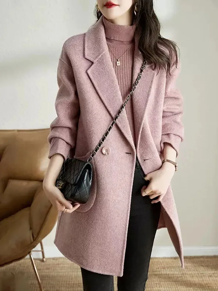 Elegant Lapel Loose Woolen Jackets Tops Women Casual Long Sleeve Wool Blend Coats Blusas Korean Fashion Solid Mid Length Abrigos