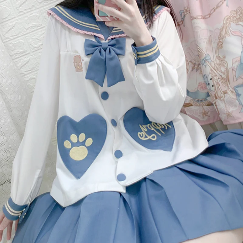 Japanese JK Uniform Sailor Collar Preppy Style Cartoon Blue and White Color Matching Long Short Sleeves Top Skirt Suit For Girls