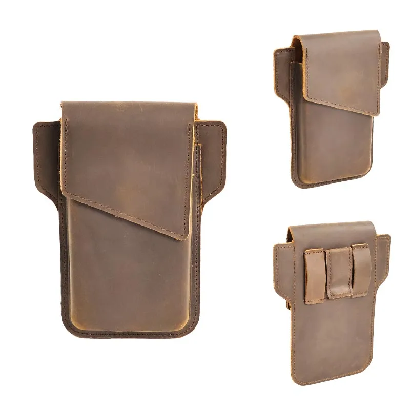 RIYAO Genuine Leather Men Waist Bag Mobile Phone Holster Case With Belt Clip Phone Pouch For iphone 14pro 14 13pro, Samsung S21