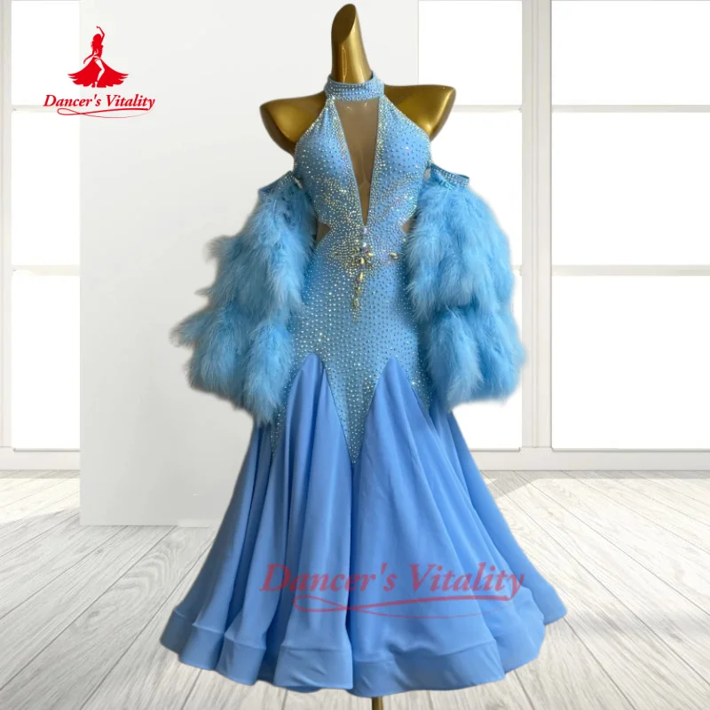 Ballroom Dancing Dresses Customized High End Luxury Feathers Backless Big Swing Dress Foxtrot Tango Dresses Dancer's Vitality