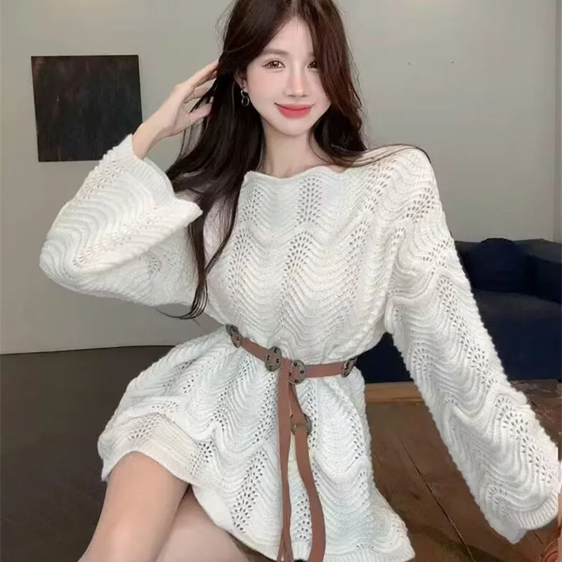 

Женский вязаный топ с длинными рукавами, женский свитер на одно плечо, весенний женский модный свободный однотонный вязаный пуловер