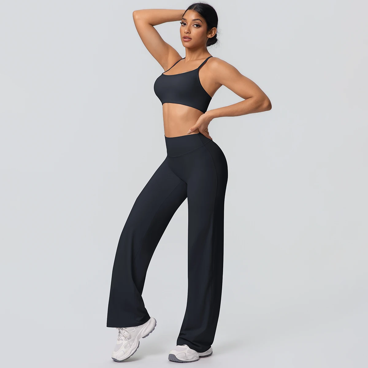 Frauen Gym Sport Yoga Anzug Sexy Schöne Zurück Yoga Unterwäsche Mit Brust Pad Einfarbig Hohe Taille Breite Bein Hosen Yoga Set – Detail 17