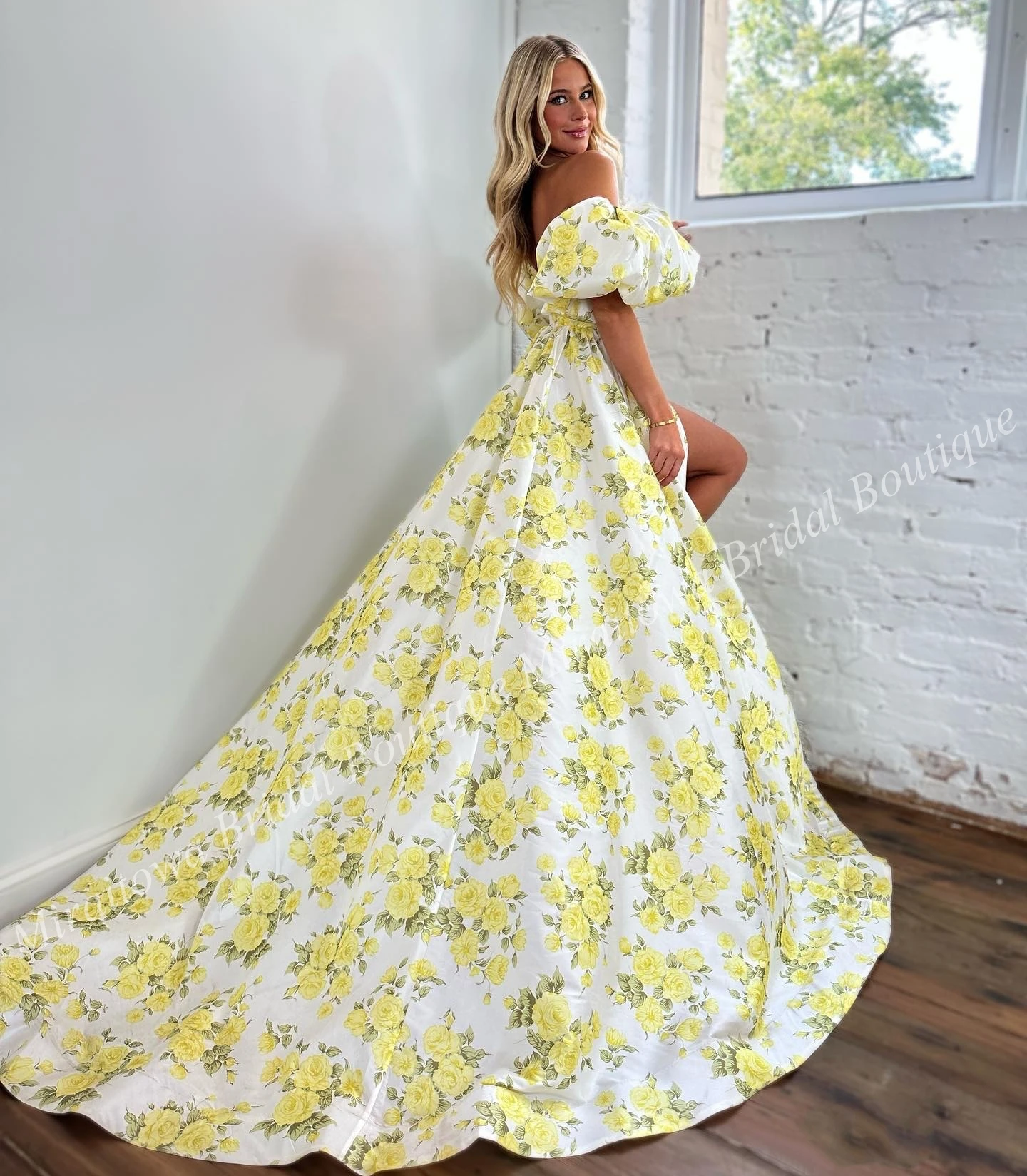 Yellow Rose Prom Dress 2k24 Ballon Sleeves Print Junior Senior Lady Pageant Formal Evening Holiday Cocktail Party Gown High Slit