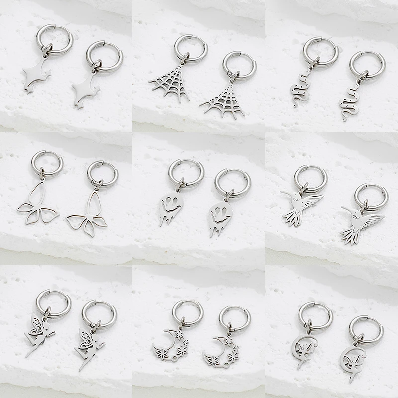 

Multiple Style Stainless Steel Hoop Earrings Gothic Spider Web Ghost Snake Hoops Romantic Butterfly Moon Angel Women Earring