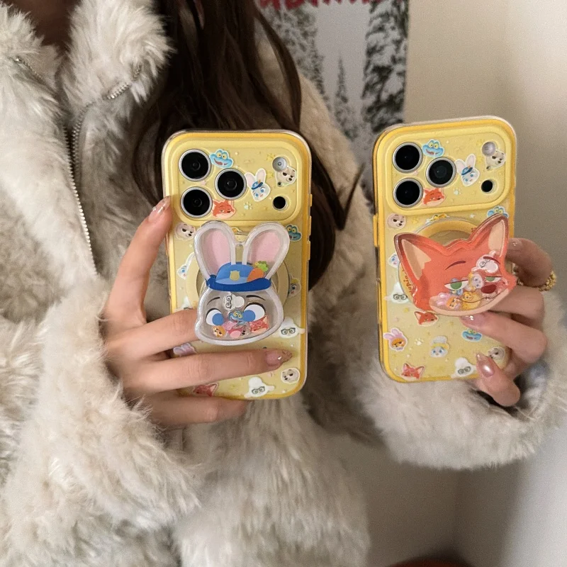 

Cartoon Cute Zootopia Judy Nick Magsafe Wireless Charge Case For iPhone 17 14 15 16 13 Pro Max 16Pro Funny Shake Magnetic Cover