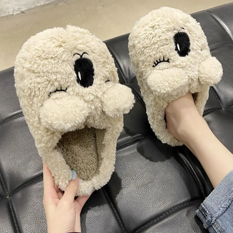 

Women's Cute Seal Plush Slippers, Soft Fluffy Furry Home Slides, Warm Winter Indoor House Shoes with Wink Design