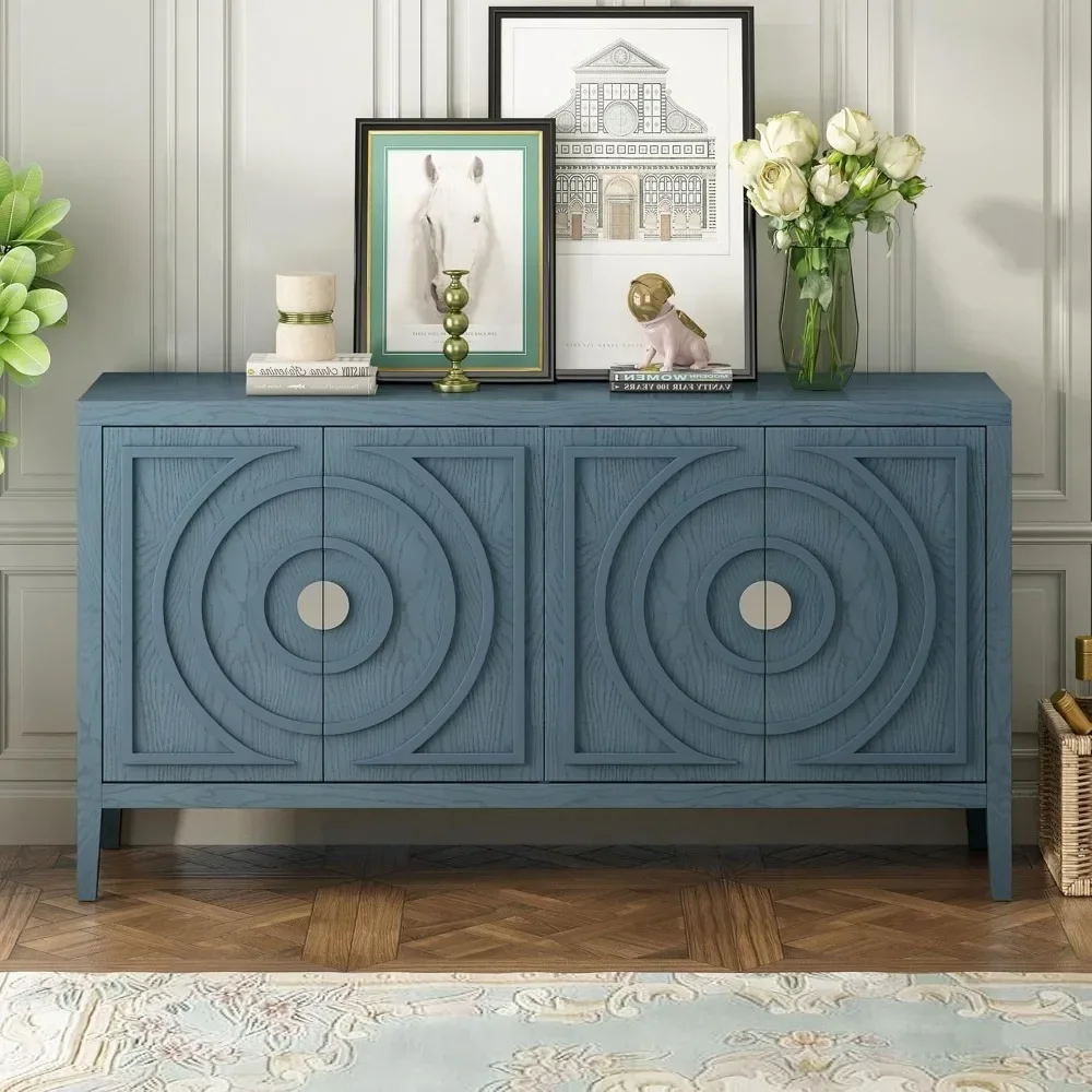 Antique Blue Modern Rustic Wood Buffet Sideboard with Storage Shelf, 4 Doors Cabinet for Bedroom Living Dinning Room Kitchen