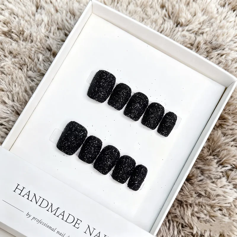 10PCS Handmade Short Square Press on Nails Black Granulated Sugar Acrylic Fake Nails Glitter Frosted Artificial Manicure Art Kit