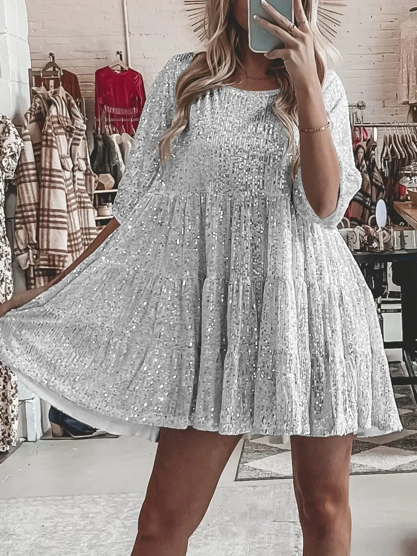 Women'S Sequins Tiered Babydoll Dress 2023 Ladies Streetwear Sparkle Tunic Blouse Shirt Dress