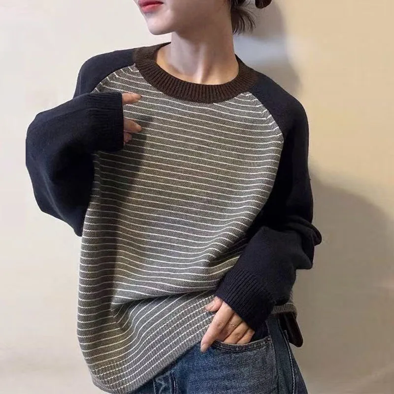 Prendas De punto, nuevo suéter De punto a rayas De manga larga, jerséis para Mujer, suéter De punto con cuello redondo, Jersey, Tops para Mujer, Sueters De Mujer Q2052