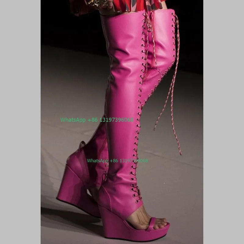 Lady Wedge Heel Hot Pink Thigh Boots Lace-up Design Sandals Summer Boots PU  Side Zip Boots T Show Platform Boots Size Footwear