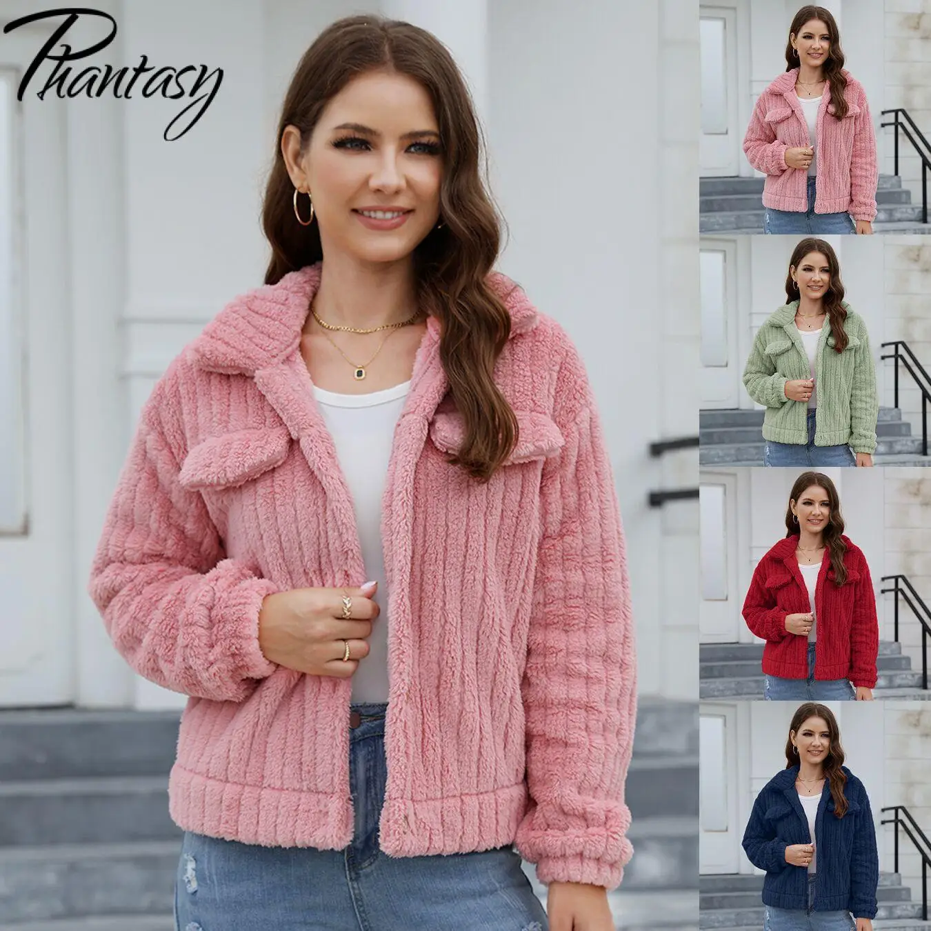 

Phantasy Woman Fashion Solid Jacket Thick Plush Warm Autumn Winter Long Sleeve Coat Soft Loose turndown collar Cardigan Coat