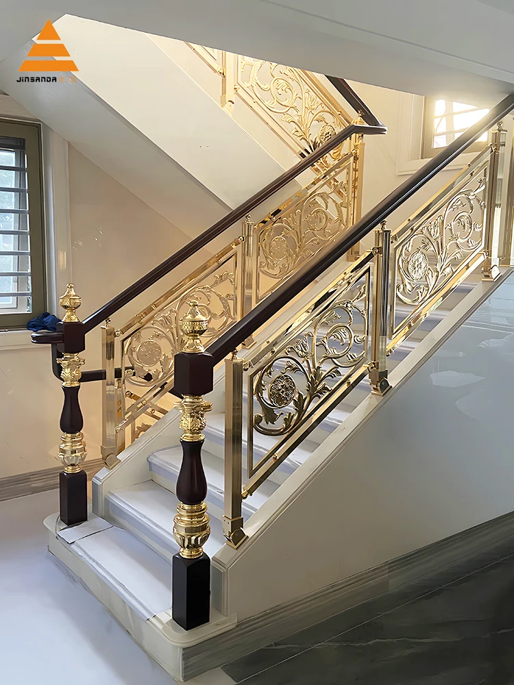 Modern villa aluminum alloy relief stair handrail European rotary arc rural self-built house pure copper guardrail custom