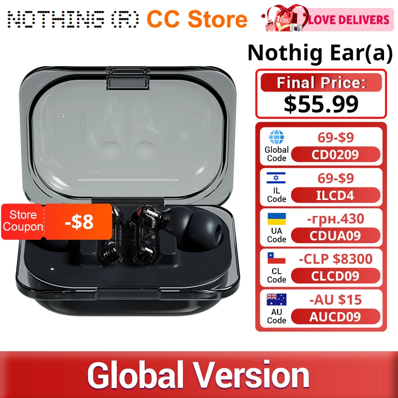 אוזניות בלוטוס Nothing Ear (a) גרסה גלובלית עם ביטול רעש פעיל 45dB ANC דינמי 42.5 שעות האזנה עם AAC SBC LDAC