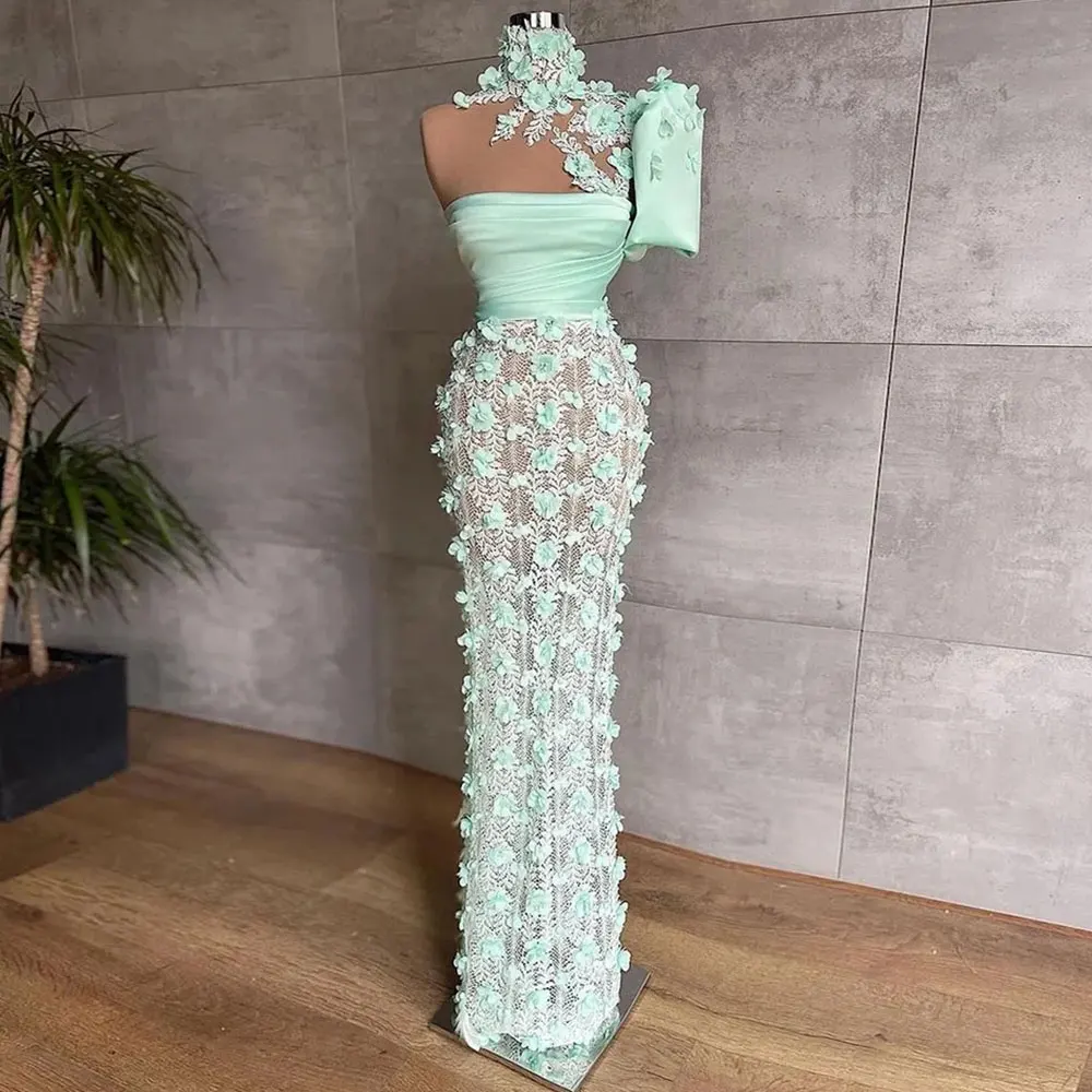 

Light Green Applique Evening Dresses for Women 3D Flower Mermaid Lace Prom Gown Strapless One Shoulder Sleeve Formal Party Dress