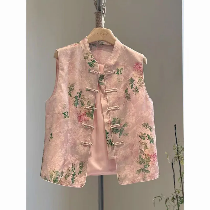 2026 New Pink Chinese Vest Coat Satin Printing High-grade Stand-up Collar Vest Spring Embroidery Women Vest Top New Jacket Vest