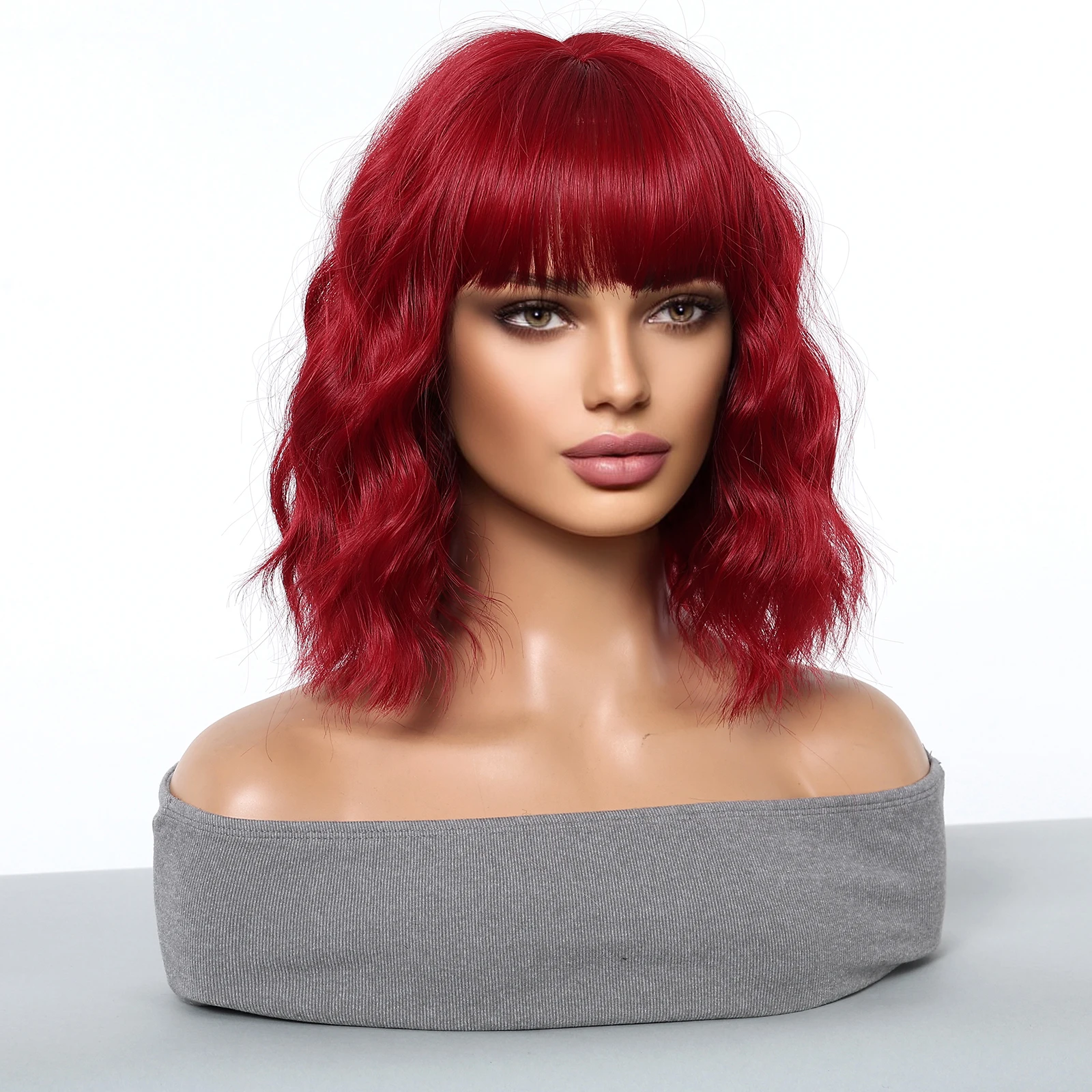 هالوين قصيرة مجعد متموجة بورجوندي النبيذ الأحمر شعر مستعار اصطناعي لوليتا شعر مستعار مع الانفجارات للنساء تأثيري الطرف استخدام مقاومة للحرارة #5