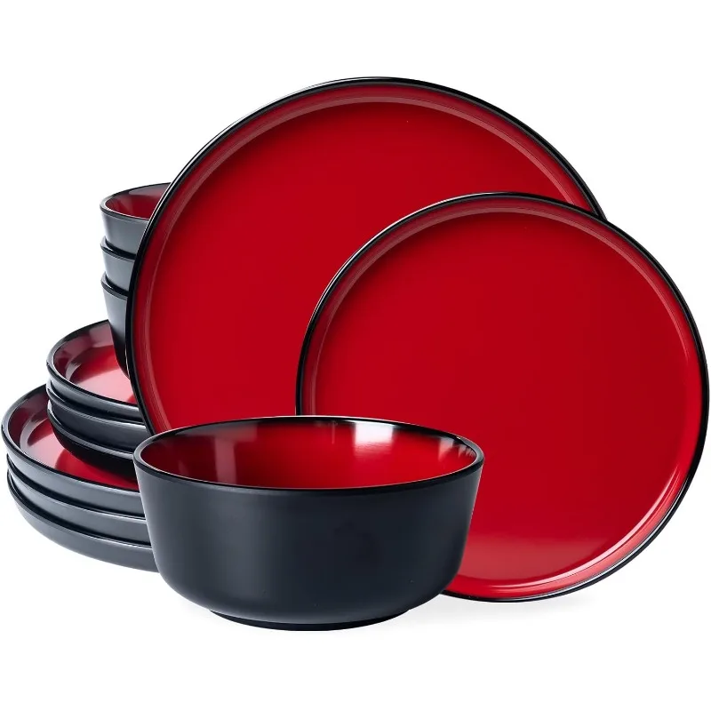 Melamine 12-Piece Modern Dinnerware Set, Kitchen Plates and Bowls Sets, Luxury 2 tone Red and Black Ceramic look Dish