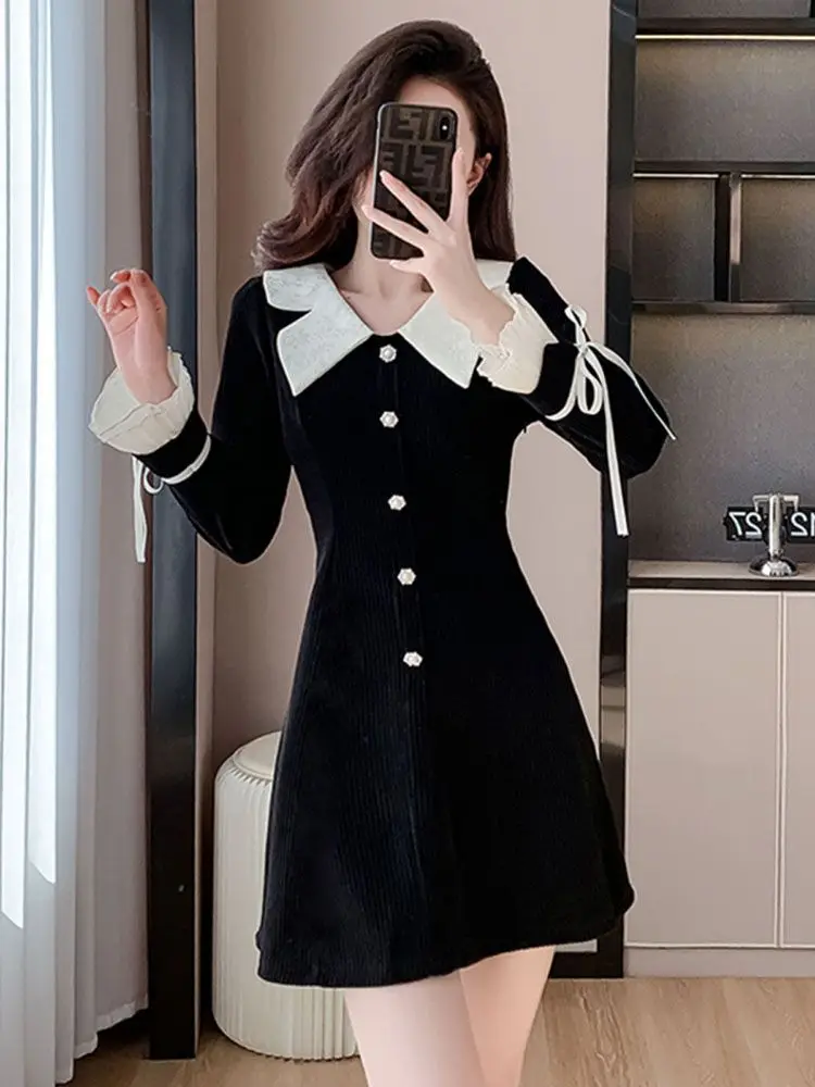 Corduroy Dress Women\'s Doll Collar Ruffled Long Sleeved Short Skirt